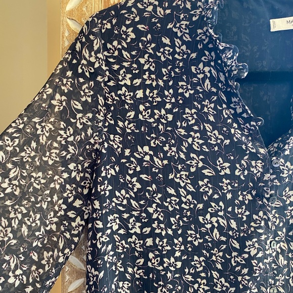 Mango Casual Navy Blue with White and Purple Florals Long Sleeve Ruffled Dress - Picture 3 of 7